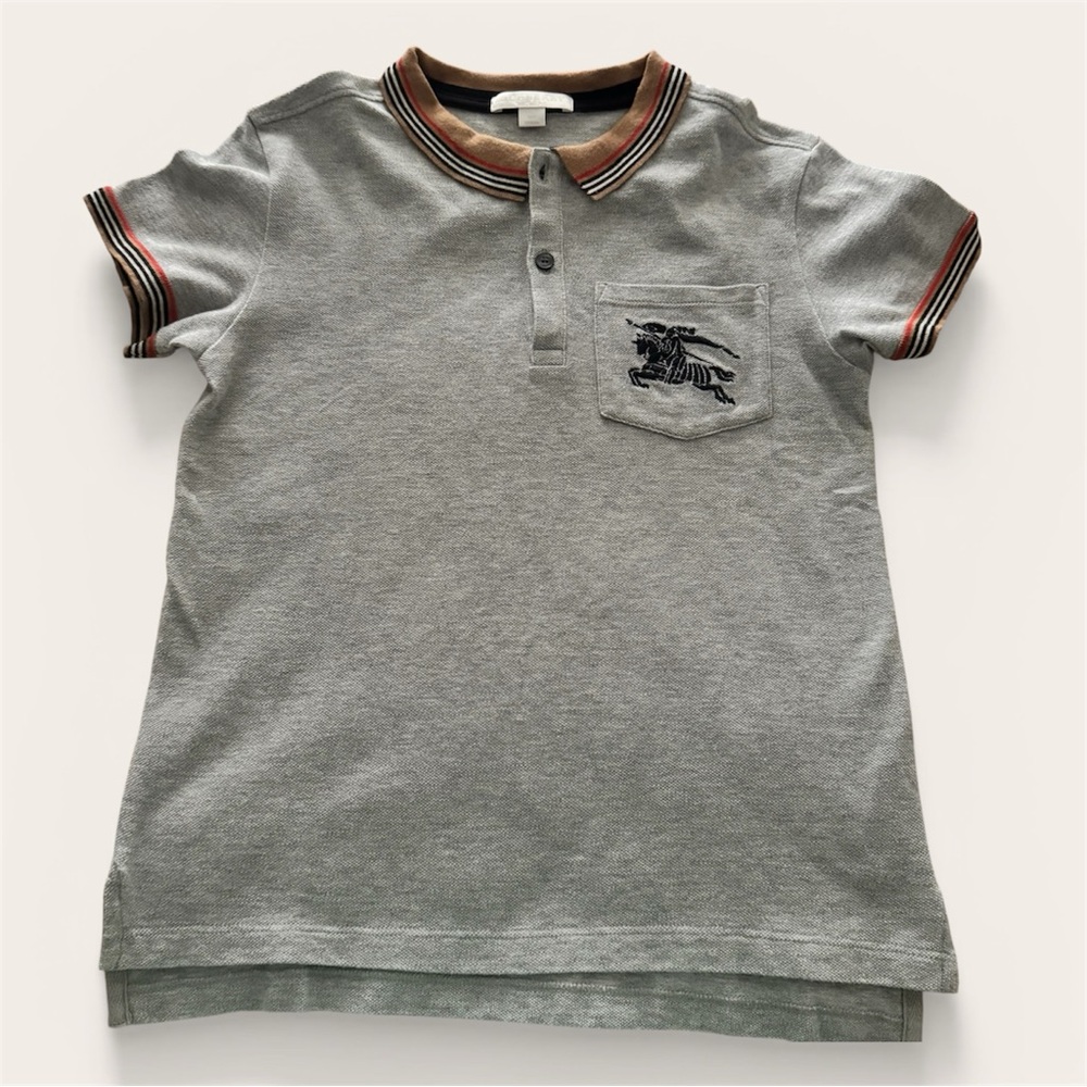Burberry Kids Grey Polo Shirt with Stripe Trim